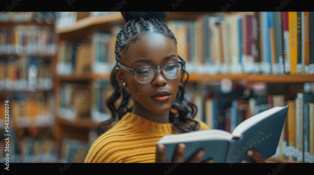 Young Woman Reading Book in Library Young Woman Reading Book in Library