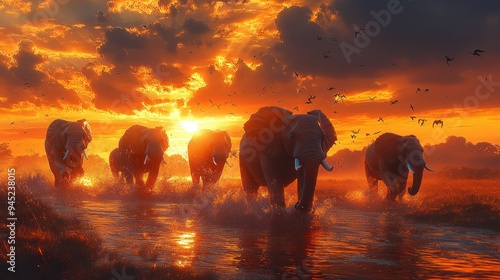 Elephant migration, running, wild environment