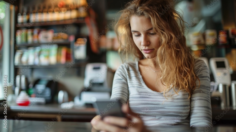 Young Woman Using Smartphone in Café Young Woman Using Smartphone in Café