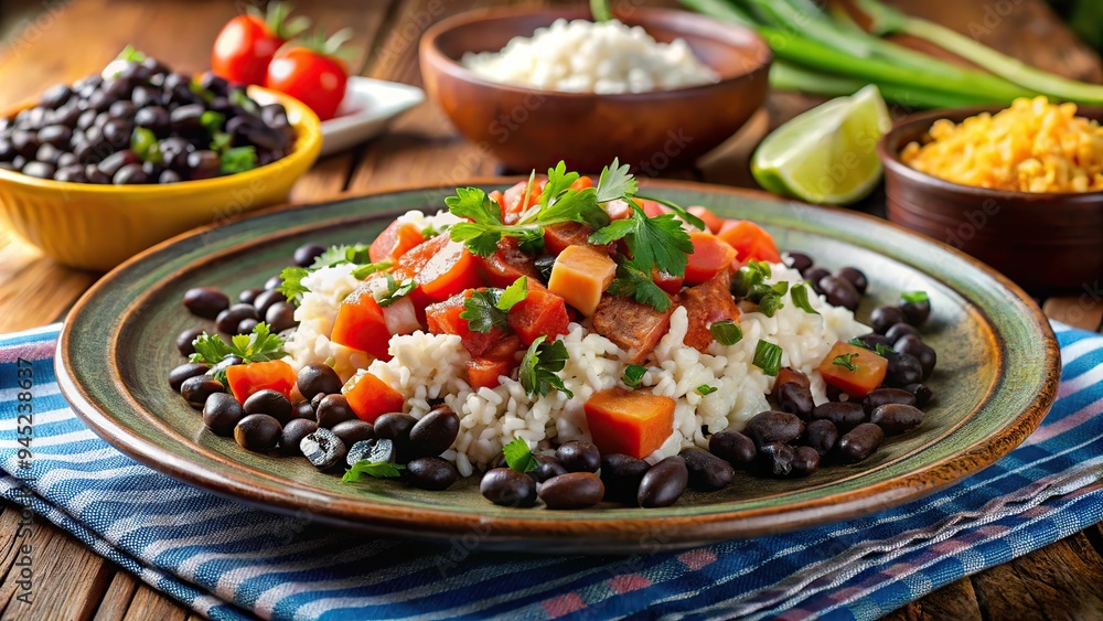 3. Heaping serving of black beans and rice, topped with diced tomatoes and a sprinkle of queso fresco, in a vibrant fiesta-inspired setting, a realistic photo image. 3. Heaping serving of black beans and rice, topped with diced tomatoes and a sprinkle of queso fresco, in a vibrant fiesta-inspired setting, a realistic photo image.
