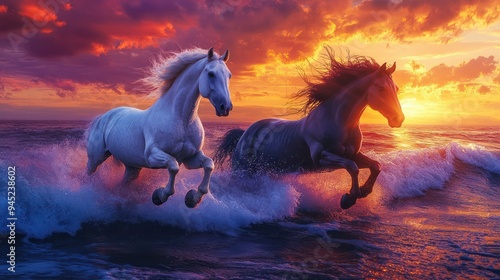 A dramatic scene of two wild horses, one white and one black, galloping through the ocean waves during a vibrant sunset