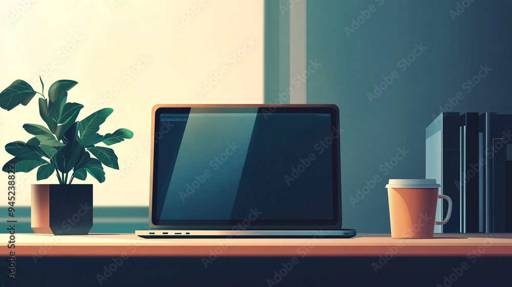 Fototapeta premium A serene workspace with a laptop, a plant, and a coffee cup in a sunlit room during morning hours