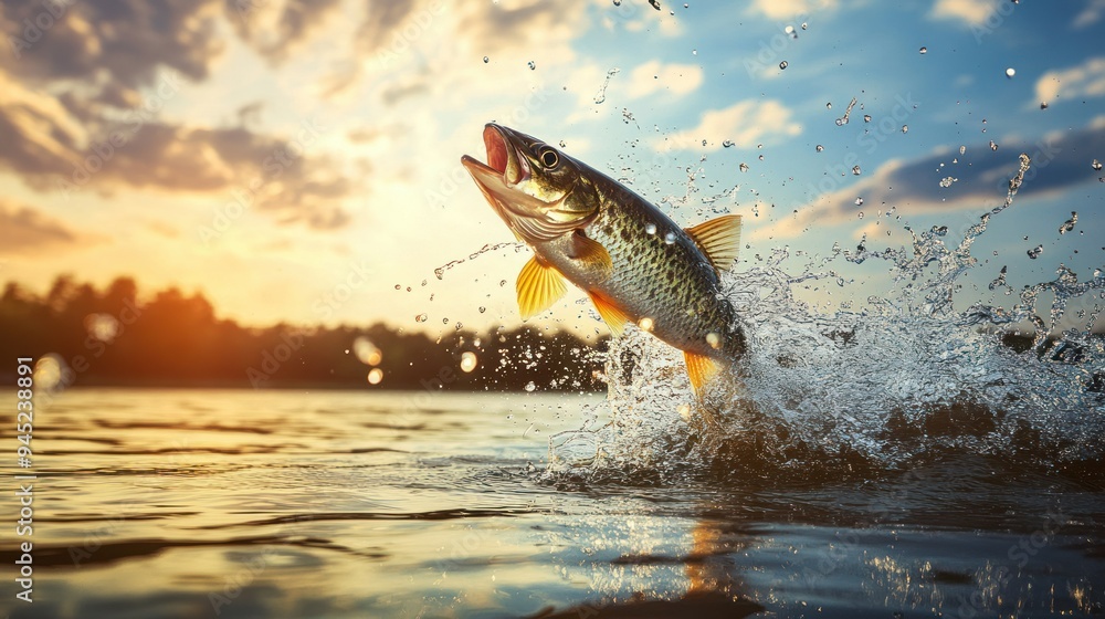 Fototapeta premium photograph of Close up of Fish jumping over the surface water in lake with splashing of water and beautiful sky background, fishing on lake concept