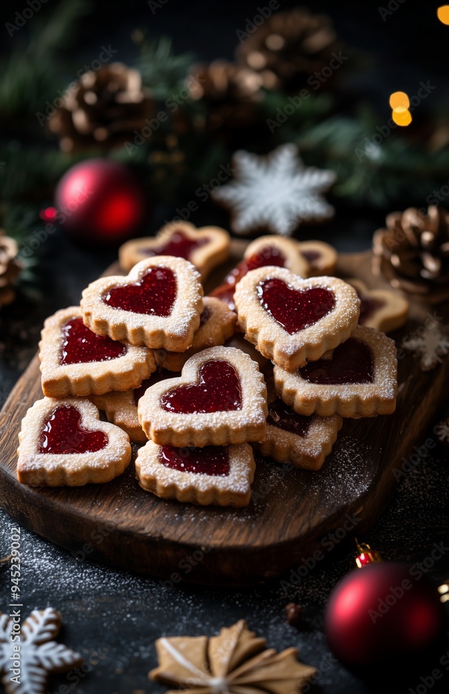 Heart and star shaped Linzer cookies with jam filling, dusted with sugar, on a rustic board Heart and star shaped Linzer cookies with jam filling, dusted with sugar, on a rustic board