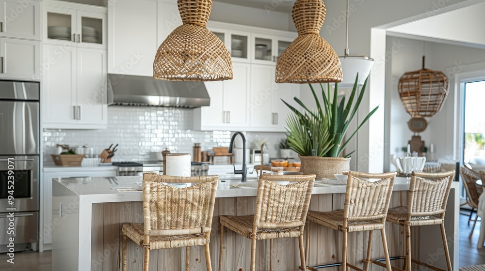 Obraz premium Modern kitchen with rattan accents and plants, designed for casual dining and relaxation.