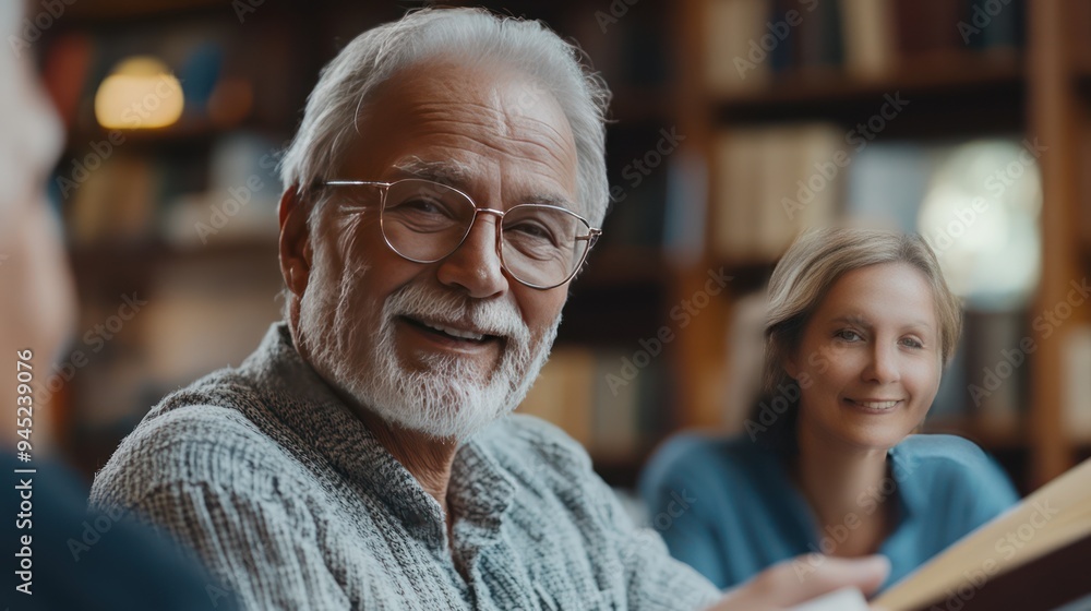 A group of seniors who sit around a table in the living room or library A group of seniors who sit around a table in the living room or library
