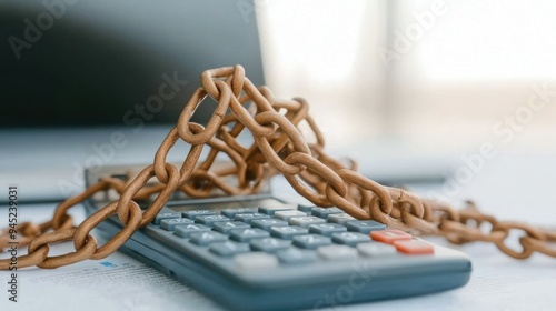 Chains around a calculator, symbolizing the restrictive nature of financial debt.