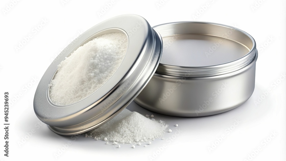 3. Generous helping of baby powder in a round, translucent container, with a silver lid and a sprinkle of powder around the rim, a realistic photo image. 3. Generous helping of baby powder in a round, translucent container, with a silver lid and a sprinkle of powder around the rim, a realistic photo image.