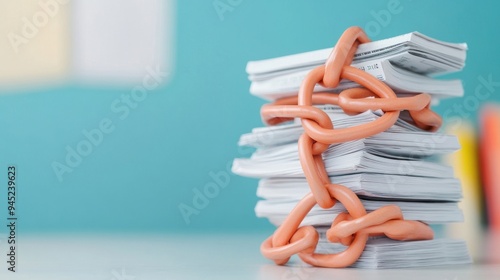 Chains wrapped around a stack of unpaid bills, symbolizing the suffocating burden of debt . photo