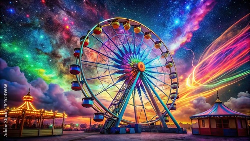 Wallpaper Mural 3. Colorful cotton candy swirling around a Ferris wheel, with vibrant neon lights and a starry night sky, a realistic photo image. Torontodigital.ca