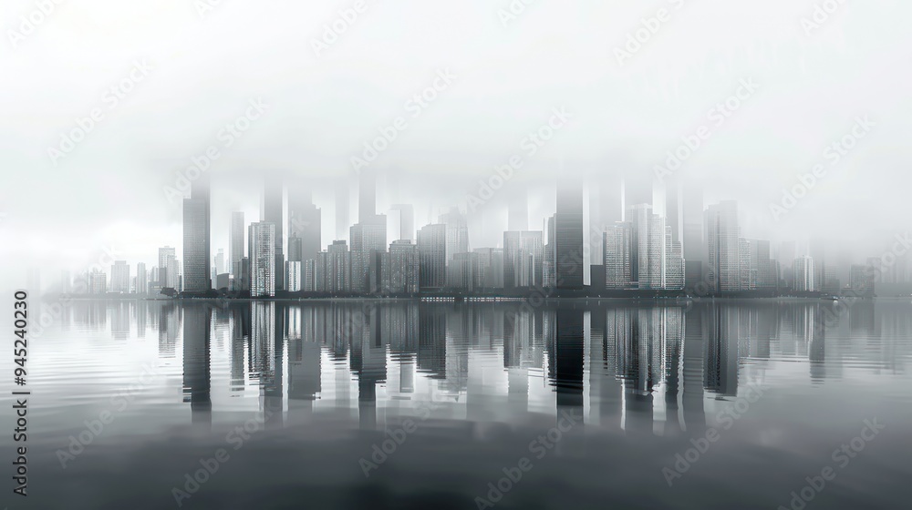 Fototapeta premium Cityscape Reflected in Foggy Water.