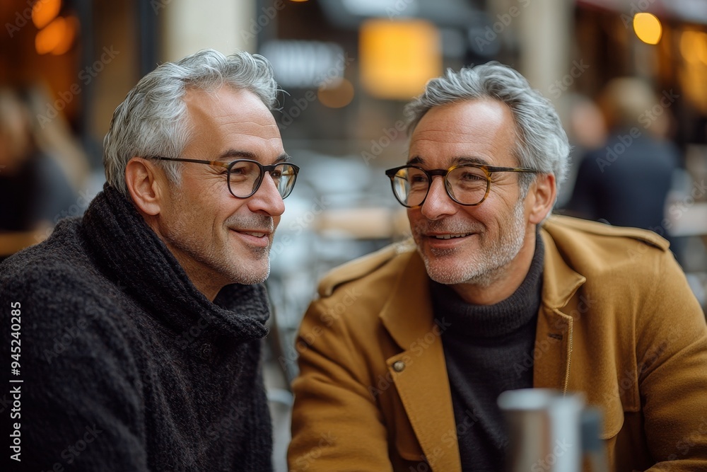 Two men with glasses enjoying a conversation in an urban cafe setting. Two men with glasses enjoying a conversation in an urban cafe setting.
