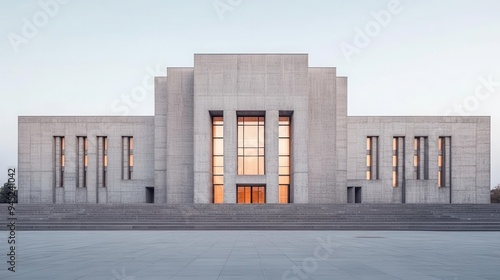 A brutalist city hall with fortress-like architecture and a minimalist exterior, Neo Brutalism, city hall, fortress photo