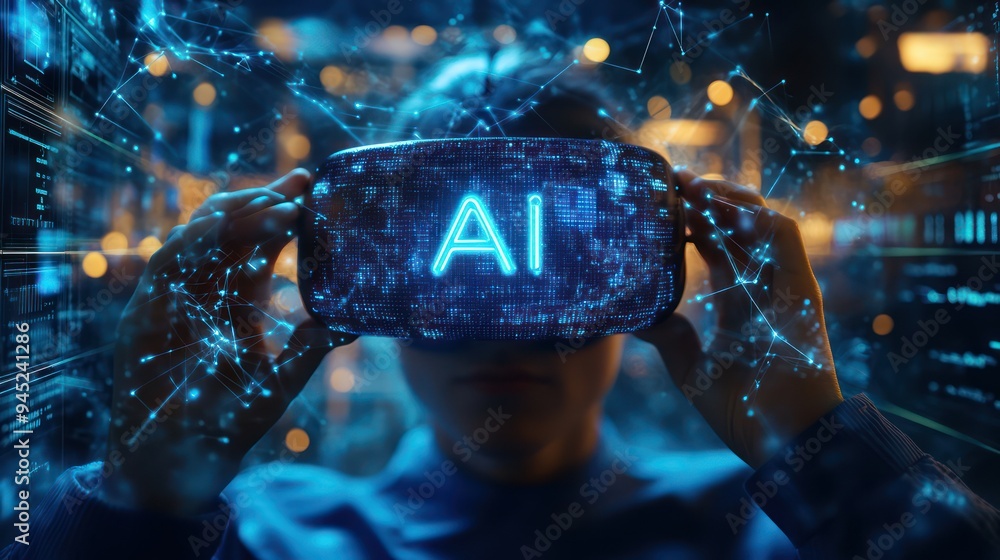 The person is wearing VR glasses that display the symbol of artificial intelligence on their face. virtual reality scene with hands holding an The person is wearing VR glasses that display the symbol of artificial intelligence on their face. virtual reality scene with hands holding an