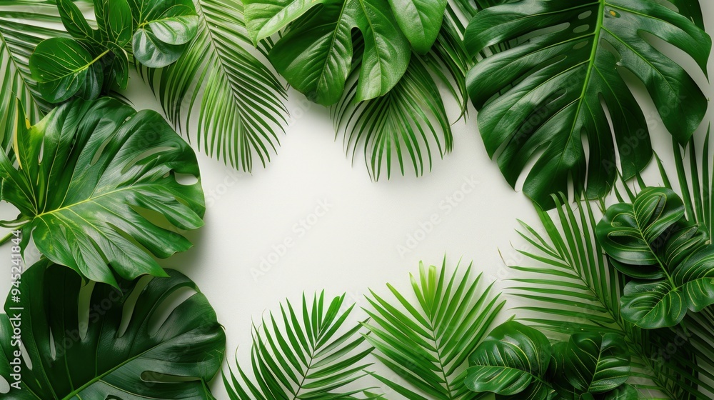 A frame of tropical green leaves against a white background. A frame of tropical green leaves against a white background.