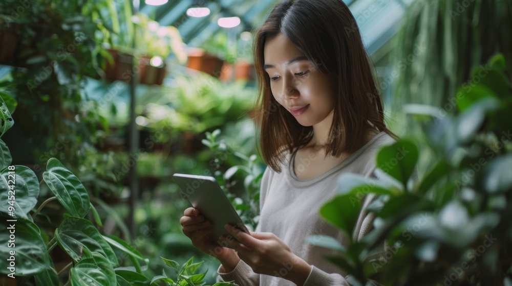 Asian woman using tablet in lush greenhouse Asian woman using tablet in lush greenhouse