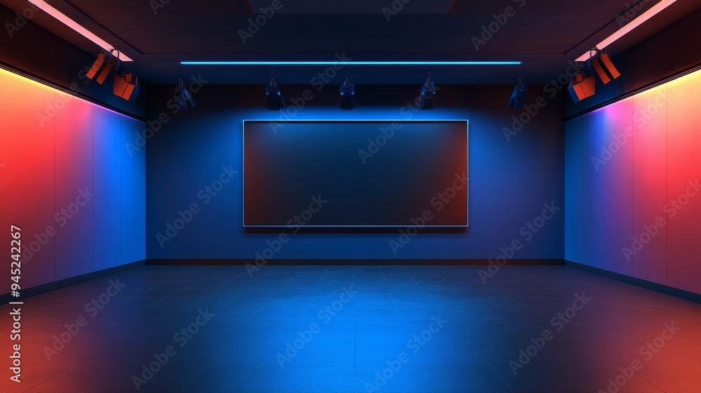 3D Virtual TV Studio News, Backdrop For TV Shows. TV On Wall. 3D Virtual News Studio Background, 3D illustration