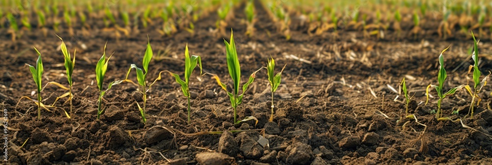 Young corn seedlings in a farming landscape, showcasing the cultivation of sweet corn. Young corn seedlings in a farming landscape, showcasing the cultivation of sweet corn.