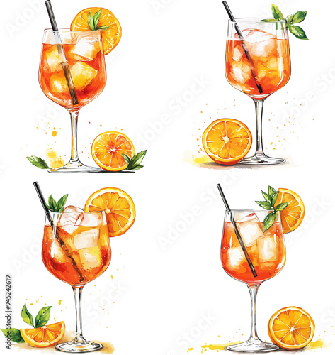 Spritz Cocktail Watercolor Set Vector Illustration.