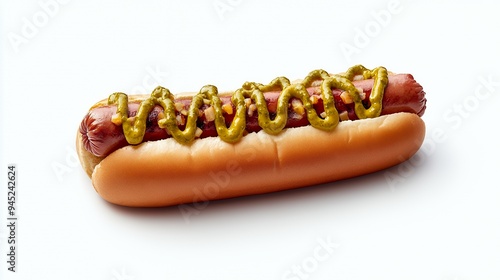 A hot dog in a bun topped with mustard, ready to be enjoyed.