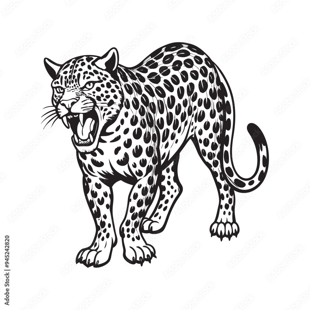 Fototapeta premium Angry Leopard Lino-cut Vector Illustration