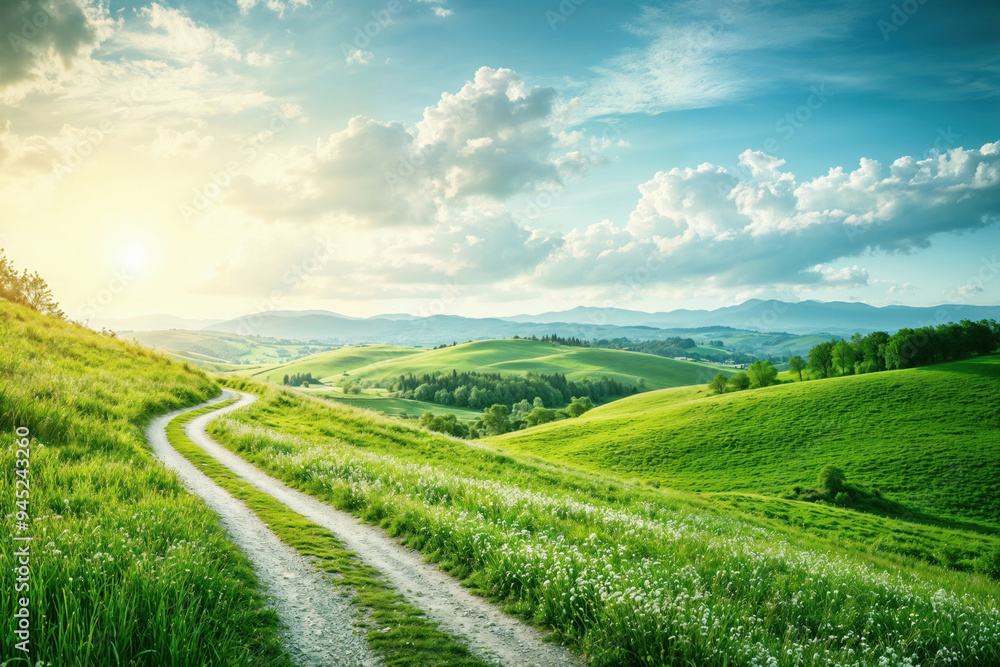Naklejka premium Winding gravel road cuts through rolling green hills, illuminated by the golden glow of the setting sun