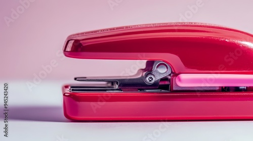 A close-up shot of a red and pink stapler resting on an isolated white background.