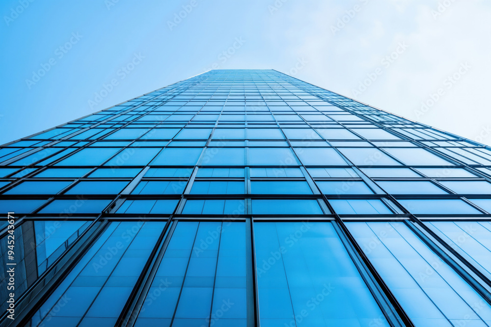 Low angle view of a modern glass skyscraper under a clear blue sky Low angle view of a modern glass skyscraper under a clear blue sky