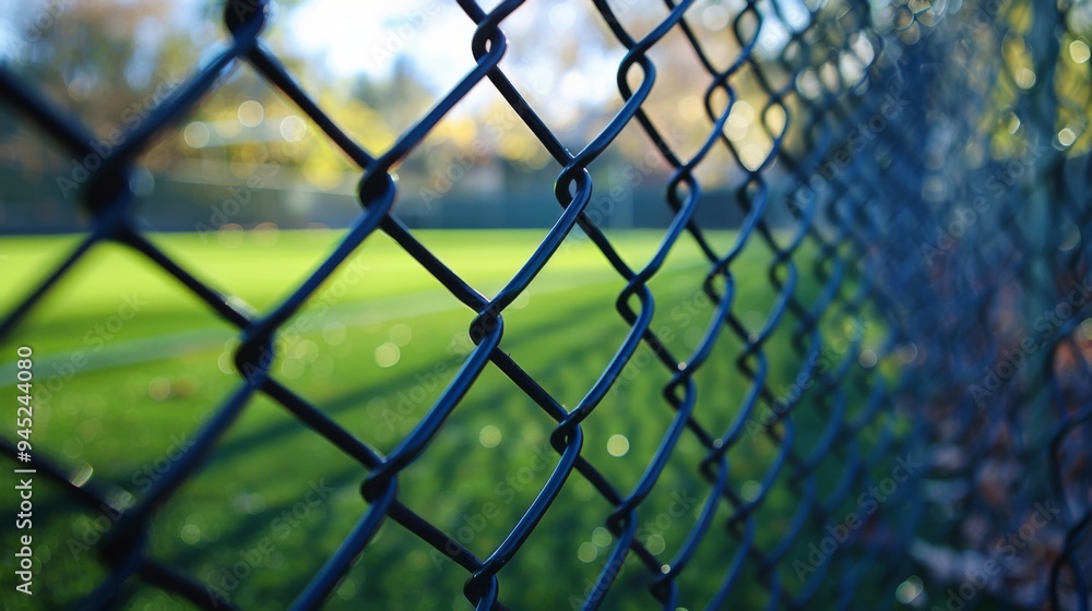 Fototapeta premium Chain Link Fence Close-Up with Blurred Green Field Background