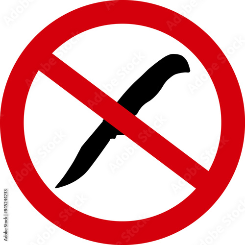 Red, white and black colored prohibition sign no knives allowed beyond this point. Illustration made August 28th, 2024, Zurich, Switzerland.