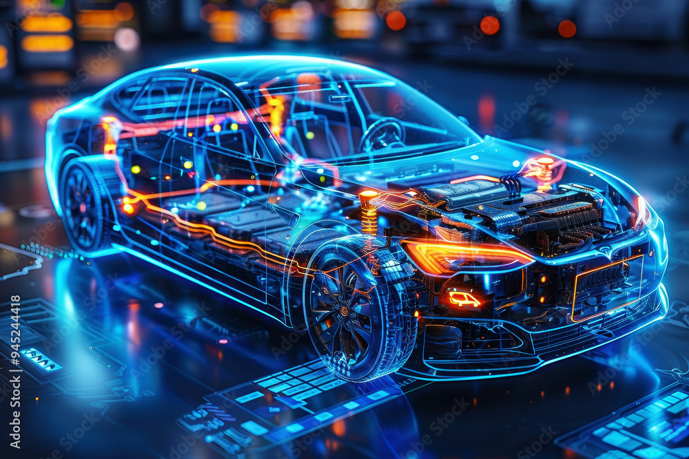 An electric car lithium battery pack is illustrated with power connections, showcasing the core of modern automotive technology in a vibrant blue tone An electric car lithium battery pack is illustrated with power connections, showcasing the core of modern automotive technology in a vibrant blue tone