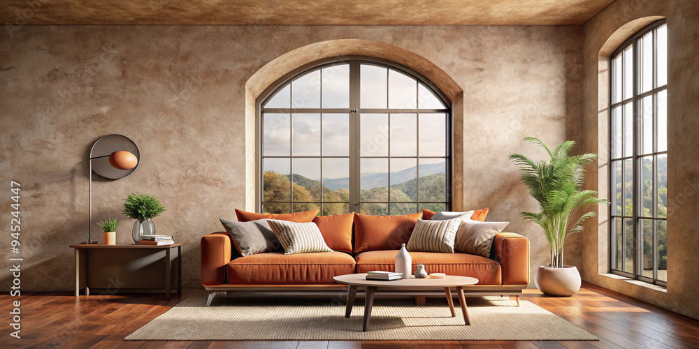 A cozy living room with earthy tones, arched windows, beige furniture, and warm lighting, creating a comfortable and inviting space with natural elements A cozy living room with earthy tones, arched windows, beige furniture, and warm lighting, creating a comfortable and inviting space with natural elements