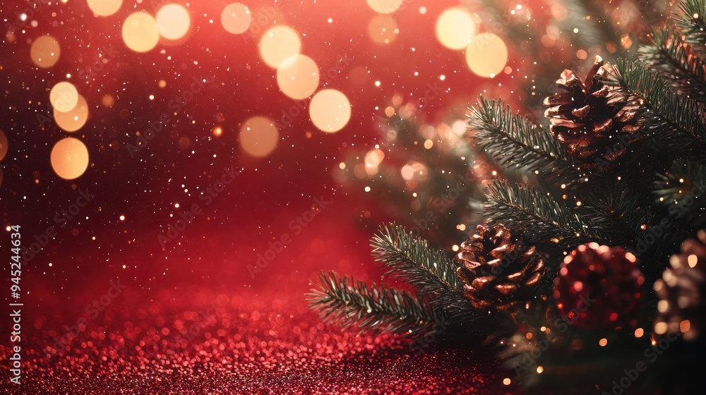 Christmas decoration border with fir branches and golden glitter confetti and sparkles of lights Christmas decoration border with fir branches and golden glitter confetti and sparkles of lights