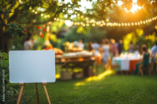 Focused blank signboard with blurred garden party in the background