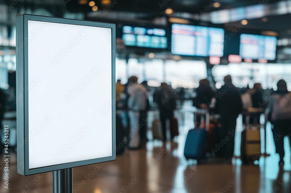 Blank advertising billboard is standing in a busy airport terminal with travelers in the background Blank advertising billboard is standing in a busy airport terminal with travelers in the background