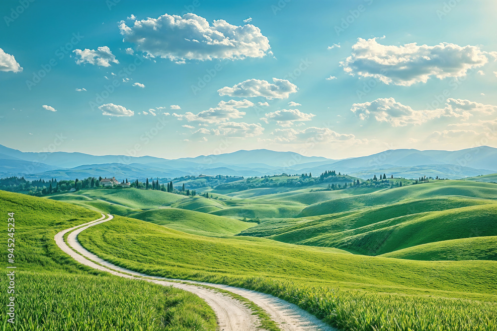 Winding dirt road through rolling green hills under a blue sky with scattered clouds Winding dirt road through rolling green hills under a blue sky with scattered clouds
