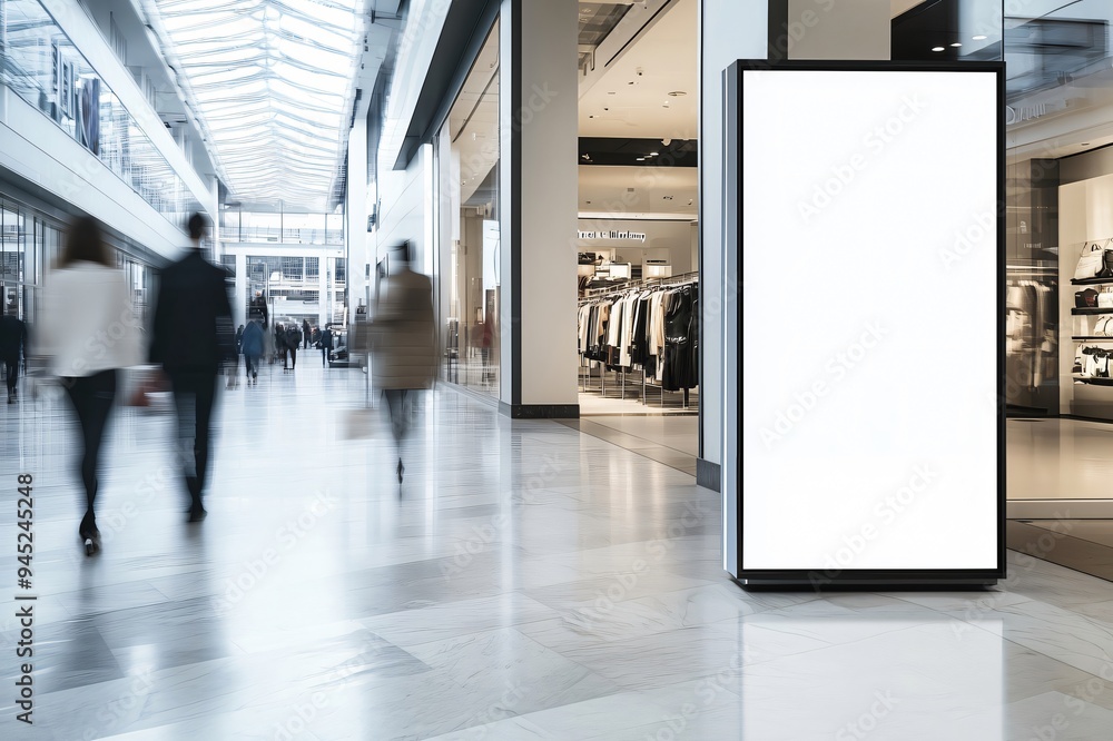 Blank signboard is standing in a busy shopping center with blurred people walking Blank signboard is standing in a busy shopping center with blurred people walking