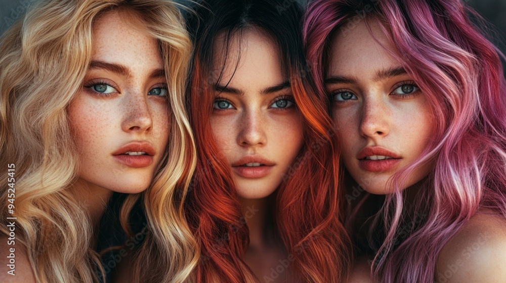 Three women with different hair colors are standing together Three women with different hair colors are standing together
