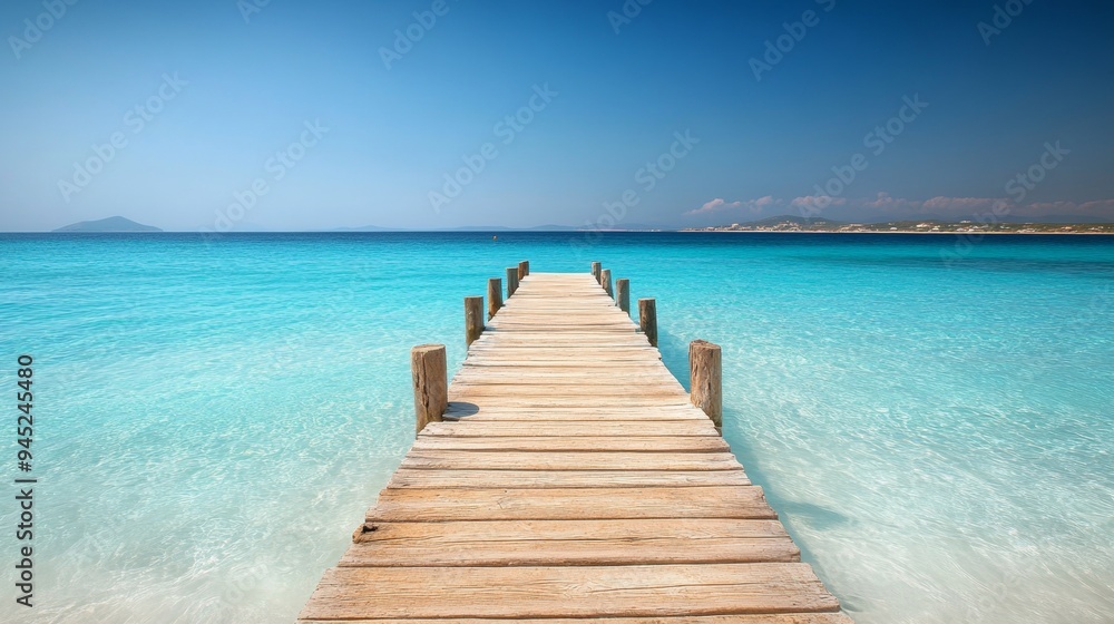 Wooden pier reaching into turquoise waters of Illetes beach in Formentera, one of the Balearic islands in the Mediterranean Sea. Wooden pier reaching into turquoise waters of Illetes beach in Formentera, one of the Balearic islands in the Mediterranean Sea.