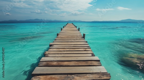 Wooden pier reaching into turquoise waters of Illetes beach in Formentera, one of the Balearic islands in the Mediterranean Sea.