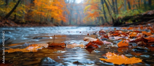 Tranquil River Scene: Autumn Leaves Floating on Water Reflecting Nature's Beauty