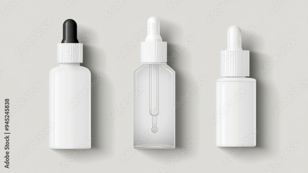 Square cosmetic packaging bottle: dropper, pump and spray. Vector illustration Square cosmetic packaging bottle: dropper, pump and spray. Vector illustration