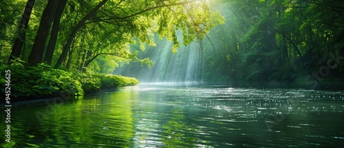 Serene River Flowing Through Lush Green Forest with Sunlight Filtering Through Trees