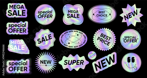 Sticker hologram emblem holographic label set. color neon stickers,Holographic label with tags Mega Sale, New, super,Best choice,price. Shiny Iridescent neon gradient sale badges,marketing tags.Vector