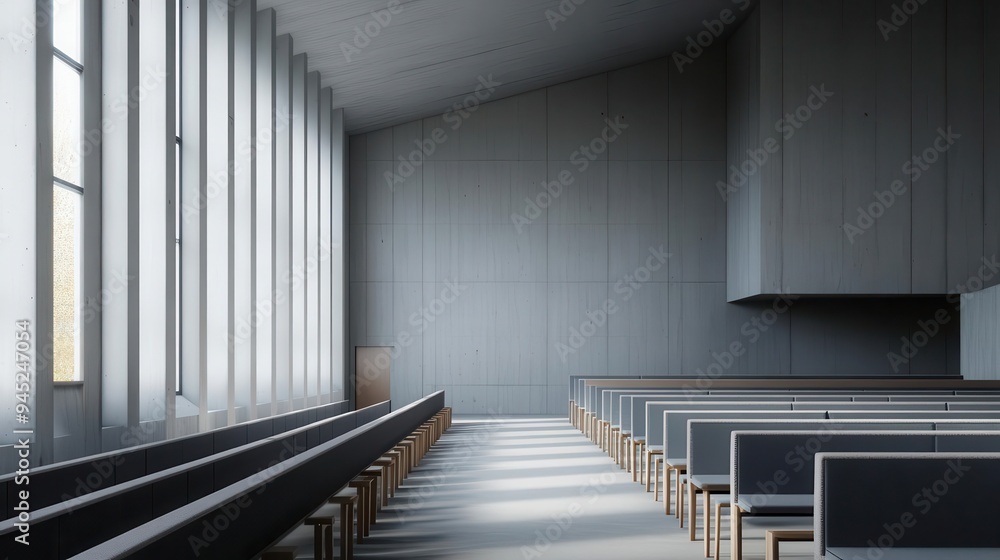 Fototapeta premium A brutalist lecture hall with exposed concrete and sharp angles, Neo Brutalism, lecture hall, sharp