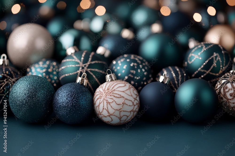 A cluster of elegant Christmas ornaments in teal and gold colors, adorned with intricate patterns, lit by soft, warm lights, indicating luxury and festiveness. A cluster of elegant Christmas ornaments in teal and gold colors, adorned with intricate patterns, lit by soft, warm lights, indicating luxury and festiveness.