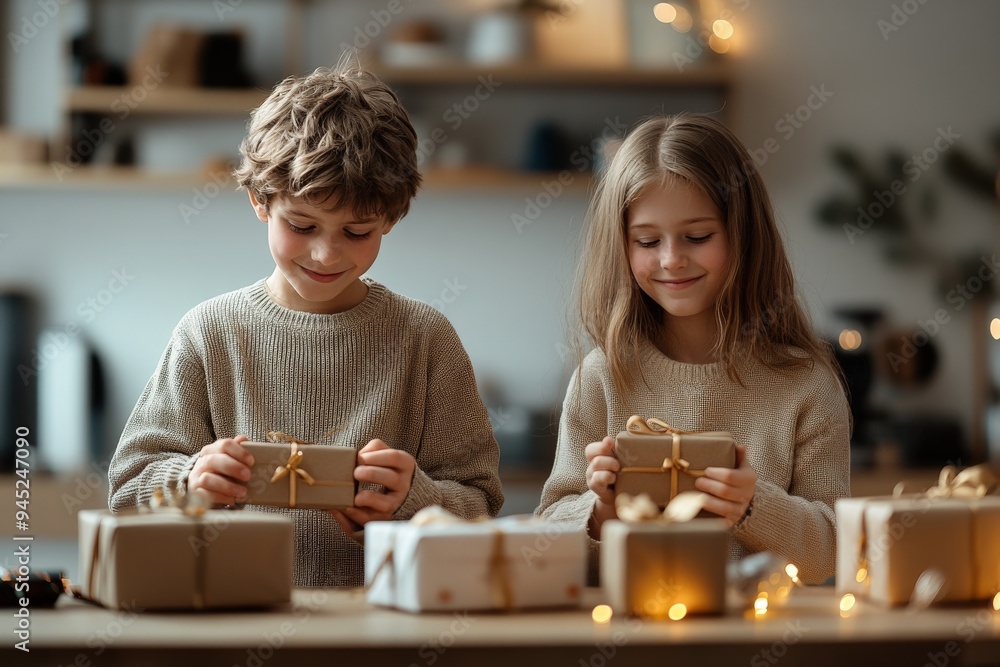 Two siblings wearing warm sweaters exchange gifts in a cozy room decorated with festive lights and holiday ornaments, creating a heartwarming scene of joy and togetherness. Two siblings wearing warm sweaters exchange gifts in a cozy room decorated with festive lights and holiday ornaments, creating a heartwarming scene of joy and togetherness.