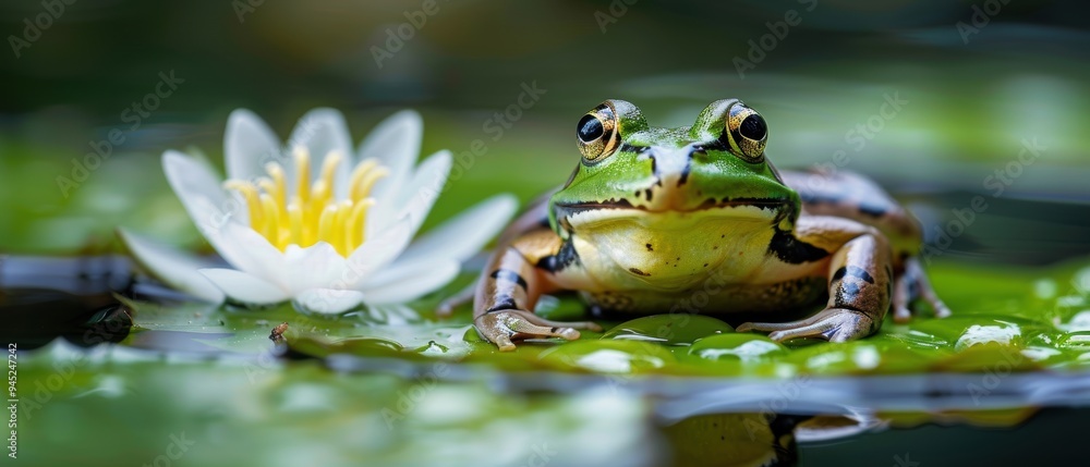 Macro Shot of Green Frog Sitting on Vibrant Lily Pad in a Pond Macro Shot of Green Frog Sitting on Vibrant Lily Pad in a Pond