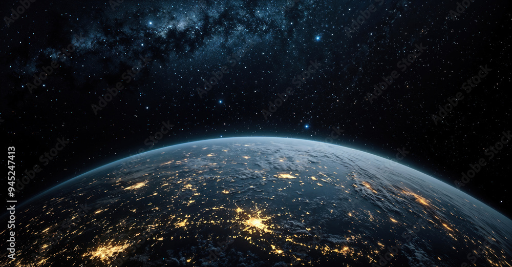 Obraz premium View of Earth from space with city lights visible on the surface and the Milky Way galaxy in the background