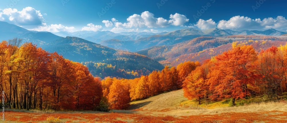 Obraz premium Vibrant Autumn Palette: Stunning Mountain Landscape with Fall Foliage and Scenic Views